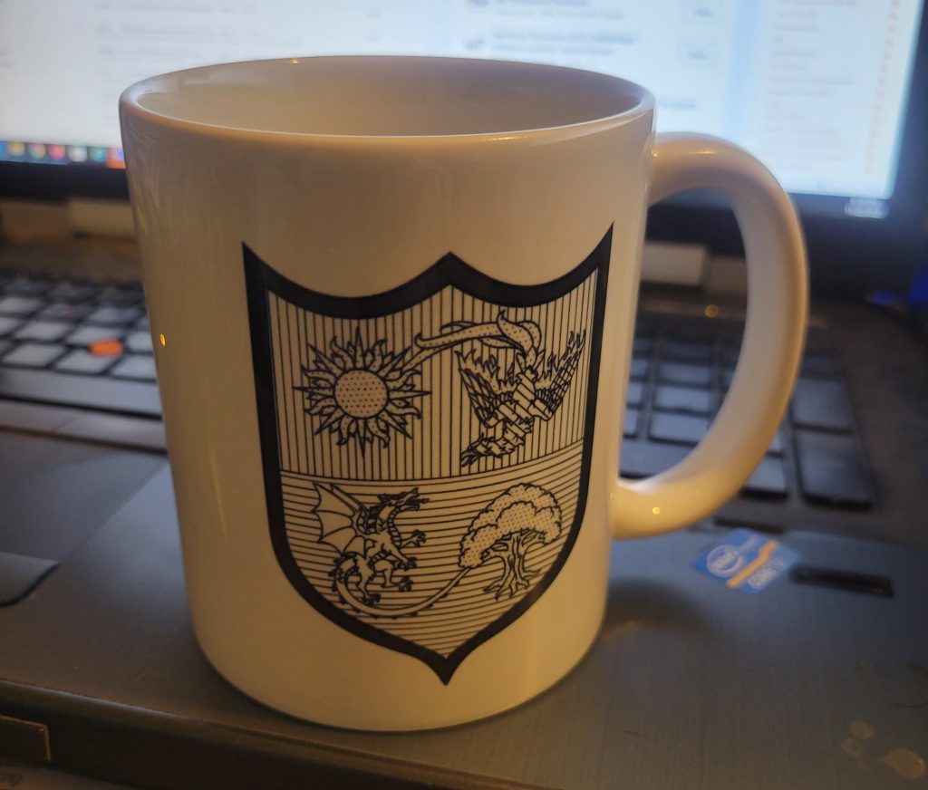 The black and white depiction of my blazon emblazoned on a cup.